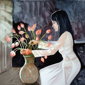 Painting titled "Vietnamienne aux lo…" by Anne D'Orion, Original Artwork, Watercolor