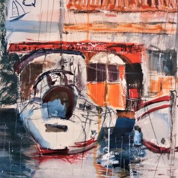 Schilderij getiteld "Restaurant à quai" door Jean-Pierre Missistrano, Origineel Kunstwerk, Aquarel