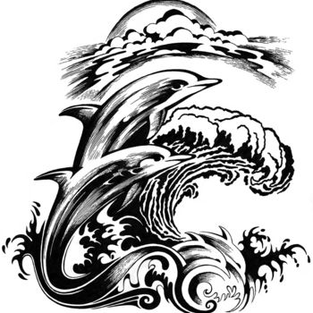 Rysunek zatytułowany „Dolphins” autorstwa Journeymandesigns, Oryginalna praca, Atrament