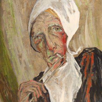 Peinture intitulée "Bretonne au tisonni…" par Dominique Bertrand, Œuvre d'art originale, Huile