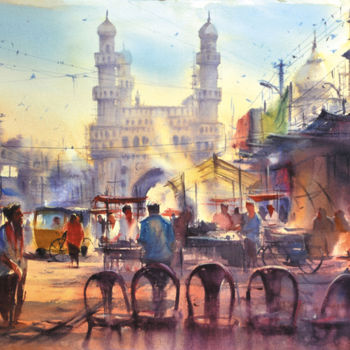 Painting titled "morning at a roadsi…" by Kishore Singh, Original Artwork, Watercolor