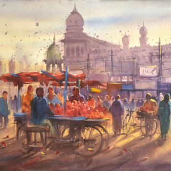 Painting titled "a hot summer mornin…" by Kishore Singh, Original Artwork, Watercolor