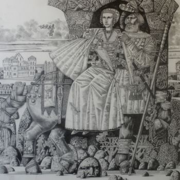 Dessin intitulée "Centaur and lady" par Andrey Simakov, Œuvre d'art originale, Encre