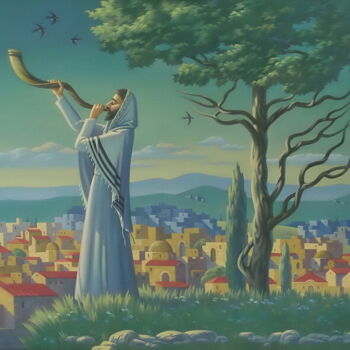 Painting titled "Shofar" by Yuri Tabachnik, Original Artwork, Oil Mounted on Wood Stretcher frame
