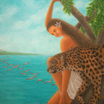 Painting titled "Woman and Leopard" by Kyoko Yamaji, Original Artwork, Oil Mounted on Wood Stretcher frame
