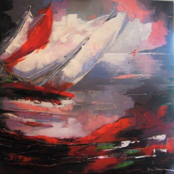 Schilderij getiteld "Arrivée de la régate" door Jacky Dumergue, Origineel Kunstwerk, Olie