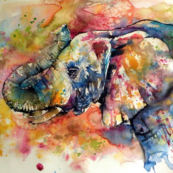 Painting titled "Elephant" by Anna Brigitta Kovacs (KAB), Original Artwork, Watercolor