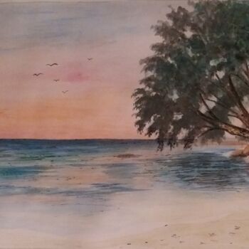 Peinture intitulée "Coucher de soleil" par Charles Corbin, Œuvre d'art originale, Aquarelle