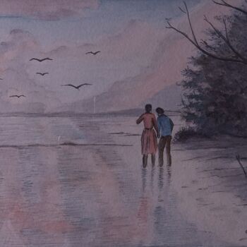Peinture intitulée "Les amoureux" par Charles Corbin, Œuvre d'art originale, Aquarelle