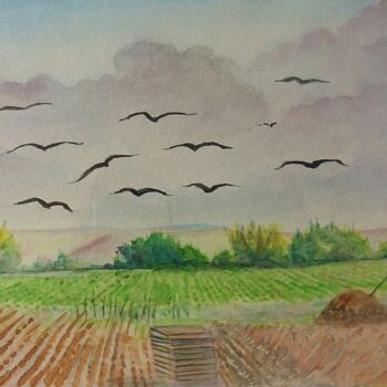 Peinture intitulée "Vol de corbeaux sur…" par Charles Corbin, Œuvre d'art originale, Aquarelle