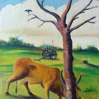 Peinture intitulée "La vache et l'arbre…" par Charles Corbin, Œuvre d'art originale, Huile