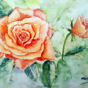 Peinture intitulée "La Rose et le Bouton" par Marian Cobos, Œuvre d'art originale, Aquarelle