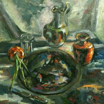 Painting titled "Still life with fish" by Nina Silaeva, Original Artwork, Oil