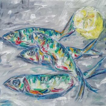 Painting titled "Les Sardines...à l'…" by R Devarrewaere, Original Artwork, Oil Mounted on Wood Stretcher frame