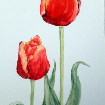 Peinture intitulée "Camarades Tulipes" par Marian Cobos, Œuvre d'art originale, Aquarelle