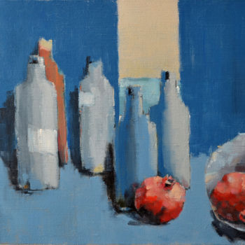 Painting titled "bottles & pomegrana…" by Rogin Viacheslav (Bashlyk), Original Artwork, Oil