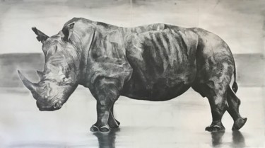 Tekening getiteld "Portrait Rhinocéros" door Sophie La Loggia, Origineel Kunstwerk, Grafiet Gemonteerd op Frame voor houten…