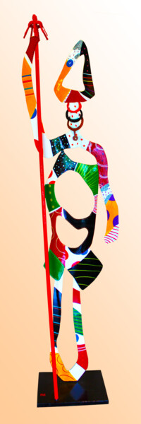 Sculpture intitulée "Chamane au moulin à…" par Jean Claude Causse, Œuvre d'art originale, Métaux
