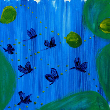 libellulesbleuestousdroitsreserveshelenedelaunay Peinture intitulée "libellulesbleuestou…" par Hélène Delaunay, Œuvre d'art originale, Acrylique