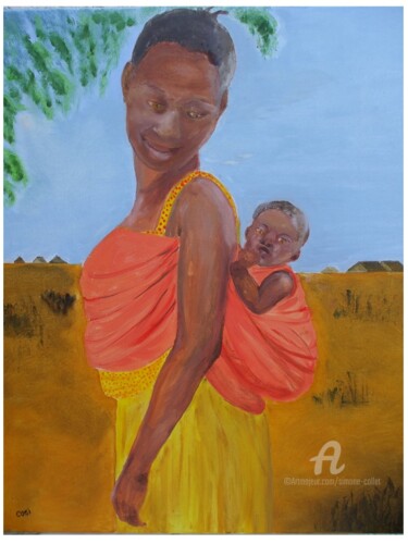 Peinture intitulée "africaine et son en…" par Simone Collet, Œuvre d'art originale, Huile