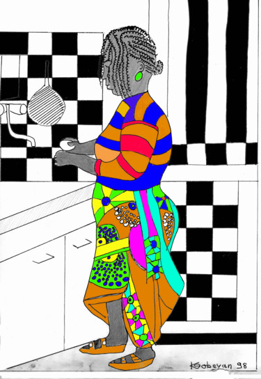 Dibujo titulada "Divine à la cuisine" por Grégoire Koboyan (Cricorps), Obra de arte original