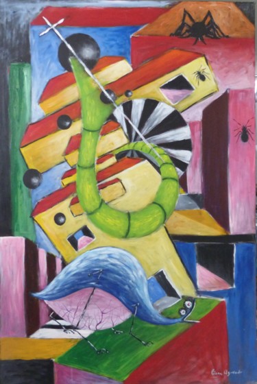 Peinture intitulée "Domínio dos bichos" par César Azevedo, Œuvre d'art originale, Huile Monté sur Châssis en bois