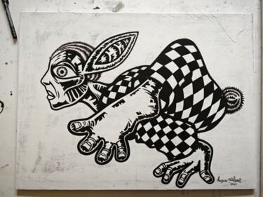 Malerei mit dem Titel "Lapin synthétique" von Hugues Picherit, Original-Kunstwerk, Acryl Auf Holzplatte montiert