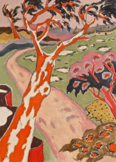 Arbre rouge et chemin rose
