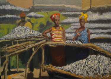 Peinture intitulée ""Séchage du poisson…" par Emile Paya, Œuvre d'art originale, Huile