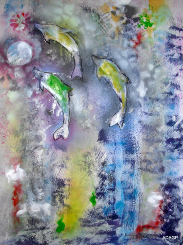 Trois dauphins à la lune Peinture intitulée "Trois dauphins à la…" par Dominique Bertrand, Œuvre d'art originale