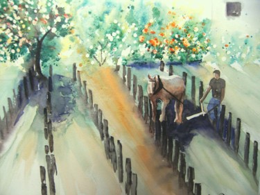 Schilderij getiteld "le labour" door Dominique Missler, Origineel Kunstwerk, Aquarel