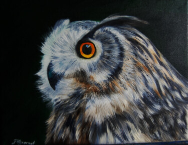grand duc - huile sur toile originale signée Painting titled "grand duc - huile…" by Patricia Giroldini Hyvernat, Original Artwork, Oil Mounted on Wood Stretcher frame