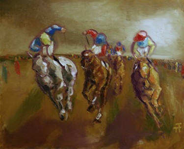 Painting titled "Arrivee-par-ciel-co…" by Thierry Faure, Original Artwork, Oil Mounted on Wood Stretcher frame