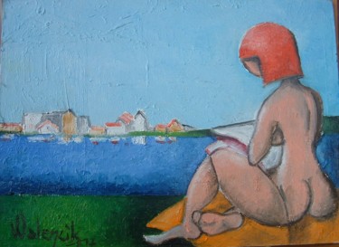 Peinture intitulée "La liseuse au bord…" par Marc Walencik, Œuvre d'art originale, Huile
