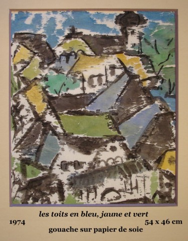 Peinture intitulée "toits-en-bleu-jaune…" par Ioana, Œuvre d'art originale, Gouache