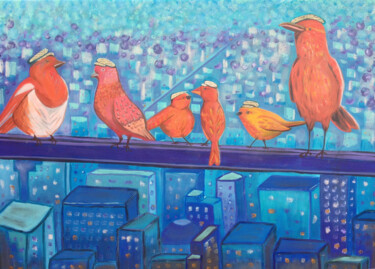 绘画 标题为“Les  oiseaux citadi…” 由Gwénola Le Mevel, 原创艺术品, 丙烯 安装在木质担架架上
