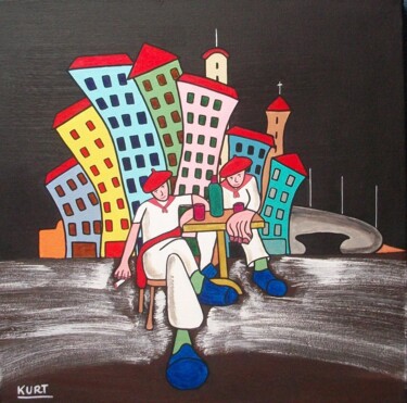 Tableau naif A l'heure de l'apéro en Pays-basque !! 绘画 标题为“Tableau naif A l'he…” 由Didier Dordeins, 原创艺术品, 丙烯 安装在木质担架架上