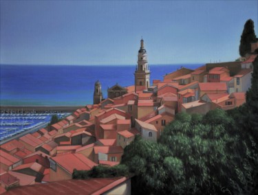 「Vue sur Menton」というタイトルの絵画 Charles Ungerによって, オリジナルのアートワーク, オイル ウッドストレッチャーフレームにマウント