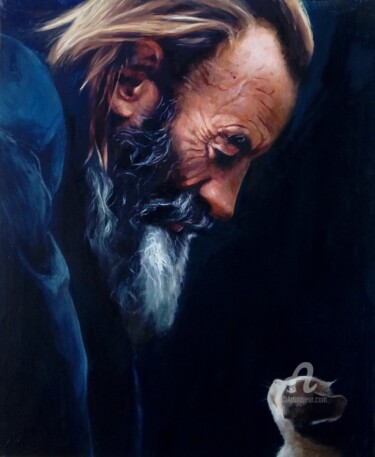 Retrato con gato Pintura titulada "Retrato con gato" por Myriam Lucas, Obra de arte original, Oleo