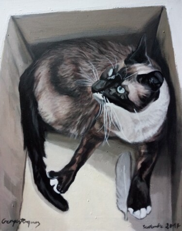 CHAT EN BOITE AVEC UNE PLUME "CHAT EN BOITE AVEC…" başlıklı Tablo Georges Roques tarafından, Orijinal sanat, Akrilik