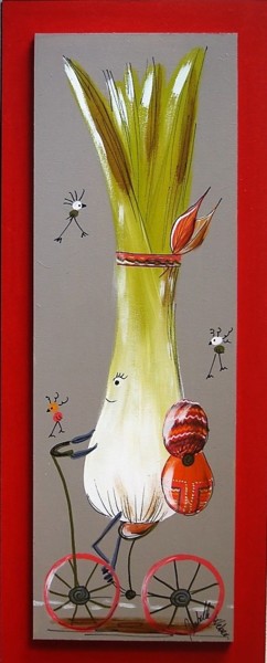 Peinture intitulée "un poireau à vélo !…" par Isabelle Weber, Œuvre d'art originale, Acrylique