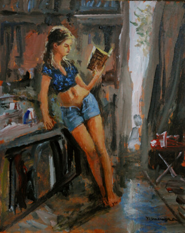 Painting titled "Girl reading" by Vishalandra Dakur, Original Artwork, Acrylic