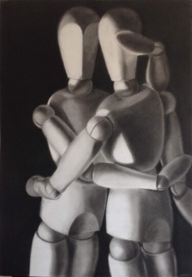 Dessin intitulée "L'accolade" par Anyck Alvarez Kerloch, Œuvre d'art originale, Fusain