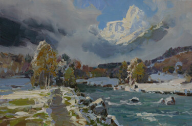 Painting titled "Теберда первый Снег" by Alexander Babich, Original Artwork, Oil