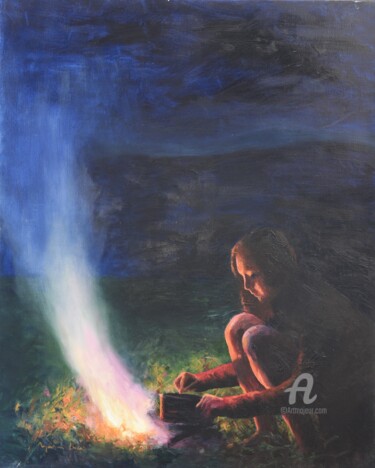 Junto al fuego Pintura titulada "Junto al fuego" por Myriam Lucas, Obra de arte original, Oleo