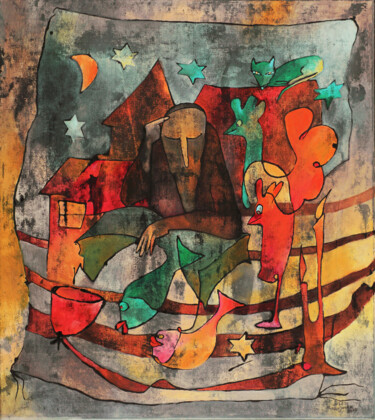 Malarstwo zatytułowany „Bajka” autorstwa Małgorzata Krasucka, Oryginalna praca, Olej Zamontowany na Drewniana rama noszy