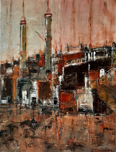 Malerei mit dem Titel "Usine Rougeoyante" von Jeanne-Marie Delbarre, Original-Kunstwerk, Acryl Auf Keilrahmen aus Holz monti…