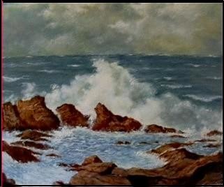 Painting titled "Vague sur rochers" by Gisèle Darrieux-Boblin, Original Artwork, Oil