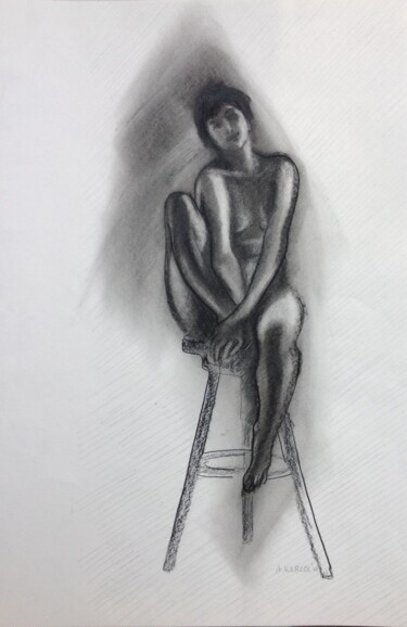"Young woman on stool" başlıklı Resim Anyck Alvarez Kerloch tarafından, Orijinal sanat, Karakalem