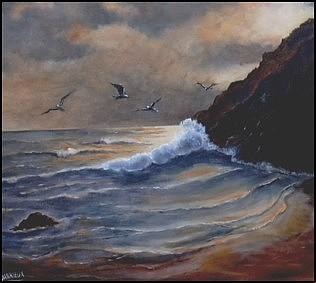 Painting titled "Mouettes au couchant" by Gisèle Darrieux-Boblin, Original Artwork, Oil